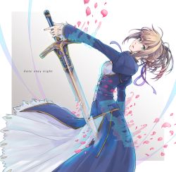 Rule 34 | 1girl, ahoge, artoria pendragon (all), artoria pendragon (fate), blonde hair, blue dress, blue ribbon, caliburn (fate), copyright name, dress, fate/stay night, fate (series), from side, green eyes, hair ribbon, holding, holding sword, holding weapon, looking at viewer, orii (orii i), parted lips, petals, ponytail, ribbon, saber (fate), sidelocks, solo, sword, weapon
