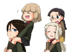 Rule 34 | 4girls, :d, bad id, bad pixiv id, black hair, black skirt, black socks, blonde hair, blush stickers, boots, braid, brown eyes, brown footwear, brown jacket, carrying, chi-hatan military uniform, clara (girls und panzer), closed eyes, commentary, fang, frown, fukuda haru, girls und panzer, glasses, green jacket, hand on another&#039;s head, jacket, katyusha (girls und panzer), knee boots, leaning back, light smile, long hair, long sleeves, looking at another, looking back, military, military uniform, miniskirt, motion lines, multiple girls, nonna (girls und panzer), ogihara mach, open mouth, pleated skirt, pravda school uniform, red shirt, round eyewear, school uniform, shirt, short hair, shoulder carry, simple background, skirt, smile, smug, socks, standing, sweatdrop, swept bangs, turtleneck, twin braids, twintails, uniform, v-shaped eyes, white background, yellow skirt
