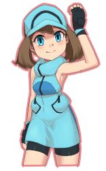 Rule 34 | 1girl, ace trainer (pokemon), bike shorts, blue eyes, blush, breasts, brown hair, closed mouth, cosplay, creatures (company), dress, game freak, gloves, hat, long hair, looking at viewer, may (pokemon), nintendo, nyonn24, pokemon, pokemon rse, pokemon sm, simple background, sleeveless, smile, solo, white background