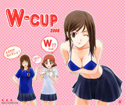 Rule 34 | 2006 fifa world cup, 3girls, bra, breasts, brown hair, large breasts, lingerie, multiple girls, one eye closed, shirotsumekusa, skirt, underwear, w-cup, wink, world cup