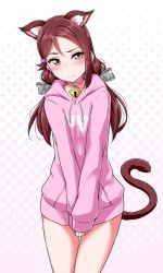 Rule 34 | 1girl, animal ears, bare legs, bell, blush, bow, cat ears, cat tail, character name, collar, embarrassed, hair between eyes, hair bow, highres, love live!, love live! sunshine!!, neck bell, pink sweater, polka dot, polka dot background, polka dot bow, sakurauchi riko, solo, sweater, tail, yellow eyes, yopparai oni