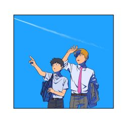 Rule 34 | 2boys, :o, bag, black eyes, black hair, black pants, blonde hair, blue sky, border, collared shirt, commentary request, constricted pupils, contrail, cowboy shot, day, dress shirt, eduroku, floating hair, grey jacket, grey pants, half-closed eyes, hand up, highres, holding, holding clothes, holding jacket, jacket, kageyama shigeo, looking to the side, male focus, mob psycho 100, multiple boys, necktie, open mouth, outdoors, outstretched arm, pants, pointing, polo shirt, purple necktie, reigen arataka, revision, school bag, shading eyes, shirt, short hair, short sleeves, shoulder bag, sky, sleeves pushed up, suit jacket, unworn jacket, walking, white border