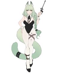 Rule 34 | 1girl, :q, alternate costume, animal ear fluff, animal ears, arknights, bare shoulders, black bow, black footwear, black leotard, black ribbon, bow, breasts, cat ears, cat tail, cleavage, closed mouth, covered navel, detached collar, dot nose, gomago magoma, green eyes, green hair, hair between eyes, hair bow, hand on own hip, hand up, harmonie (arknights), high heels, highleg, highleg leotard, highres, holding, infection monitor (arknights), large breasts, large tail, legs together, leotard, long bangs, long hair, looking at viewer, low-braided long hair, low-tied long hair, neck ribbon, pantyhose, pom pom (clothes), ribbon, shoes, sidelocks, smile, solo, strapless, strapless leotard, tail, tail ornament, tongue, tongue out, wand, white background, white pantyhose, wrist cuffs