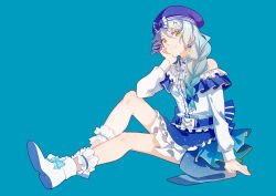 Rule 34 | 1girl, absurdres, ankle cuffs, aqua hair, arm support, bang dream!, bare shoulders, beret, blue background, blue bow, blue dress, blue hat, bow, braid, chinese commentary, closed mouth, commentary request, dress, elbow rest, frilled cuffs, frilled dress, frills, green eyes, hair between eyes, hair bow, hair ornament, hat, hat bow, head rest, highres, hikawa sayo, idol, idol clothes, knee up, long hair, long sleeves, looking at viewer, off-shoulder dress, off shoulder, puffy sleeves, sidelocks, simple background, sitting, smile, solo, striped, striped bow, walluka, white bow, white dress, white footwear