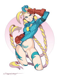 Rule 34 | 1girl, antenna hair, blonde hair, blue eyes, blue headwear, blue leotard, bodypaint, bracer, braid, breasts, cammy white, clothing aside, covered erect nipples, cropped legs, erotibot, facial scar, fingerless gloves, garrison cap, gloves, hat, heattech leotard, highres, leotard, leotard aside, leotard pull, long hair, long sleeves, low twin braids, navel, neckerchief, necktie, no panties, pubic tattoo, pulled by self, pussy, red gloves, ribbed leotard, salute, scar, scar on cheek, scar on face, shadaloo, short necktie, shoulder pads, small breasts, solo, standing, street fighter, street fighter zero (series), tattoo, twin braids, uncensored, very long hair, yellow neckerchief