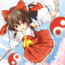 Rule 34 | 1girl, ascot, blue sky, bow, brown eyes, brown hair, cherry blossoms, day, detached sleeves, female focus, gohei, hair bow, hair tubes, hakurei reimu, japanese clothes, miko, nature, ofuda, open mouth, outdoors, outstretched arms, petals, plant, ponytail, running, shirt, skirt, skirt set, sky, smile, solo, spell card, touhou, yin yang, zb (dawn-blue)