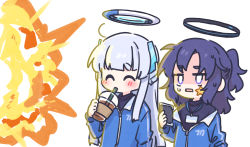Rule 34 | 2girls, alternate costume, blue archive, cellphone, closed eyes, drink, drinking, explosion, grey hair, highres, jacket, long hair, multiple girls, noa (blue archive), open mouth, phone, purple eyes, purple hair, seal 007, simple background, track jacket, white background, yuuka (blue archive), yuuka (track) (blue archive)