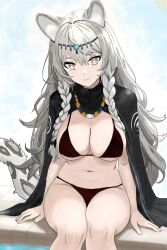 1girl alternate_costume animal_ear_fluff animal_ears arknights bikini braid breasts cleavage closed_mouth commentary english_commentary feet_out_of_frame grey_eyes grey_hair hands_on_floor highres invisibless jewelry long_hair looking_at_viewer medium_breasts navel necklace pool pramanix_(arknights) red_bikini simple_background sitting smile solo sweater swimsuit tail turtleneck turtleneck_sweater twin_braids