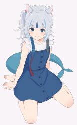 Rule 34 | 1girl, animal ear fluff, animal ears, barefoot, blue eyes, blue hair, blue skirt, blunt bangs, blush, buttons, cat ears, closed mouth, cube hair ornament, feet, fins, fish tail, frilled sleeves, frills, gawr gura, gawr gura (casual), grey hair, hair ornament, highres, hololive, hololive english, looking at viewer, multicolored hair, nzmtarou, official alternate costume, shark girl, shark tail, shirt, short sleeves, side ponytail, sidelocks, simple background, sitting, skirt, skirt set, smile, solo, streaked hair, suspenders, tail, virtual youtuber, wariza, white background, white shirt