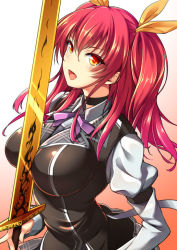 Rule 34 | 10s, 1girl, between breasts, breasts, choker, female focus, hair ribbon, large breasts, long hair, looking at viewer, open mouth, orange eyes, rakudai kishi no cavalry, red hair, ribbon, solo, stella vermillion, sugarbeat, sword, twintails, two side up, weapon