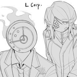 Rule 34 | 1girl, 1other, bandaid, bandaid on face, clock, closed mouth, coat, collared shirt, dante (limbus company), faust (project moon), fire, gauze over eye, greyscale, highres, ivy (675671), jacket, limbus company, monochrome, necktie, object head, project moon, shirt, simple background, upper body