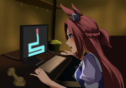 Rule 34 | 1girl, animal ears, aqua eyes, braid, brown hair, commentary request, desk, ear ornament, french braid, from side, highres, holding, holding mouse (computer), horse ears, horse girl, kakuteru sudachi, kawakami princess (umamusume), keyboard (computer), long hair, maze, monitor, mouse (computer), pinky out, playing games, puffy short sleeves, puffy sleeves, purple shirt, sailor collar, sailor shirt, scary maze game, school uniform, jumpscare, shirt, short sleeves, solo, summer uniform, tracen school uniform, trash can, umamusume, upper body, white sailor collar