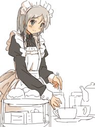 Rule 34 | 1girl, apron, blush, braid, cup, female focus, grey eyes, izayoi sakuya, japanese clothes, maid, maid apron, maid headdress, partially colored, shibasaki shouji, short hair, silver hair, simple background, sketch, smile, solo, teacup, tiered tray, touhou, twin braids