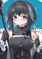 Rule 34 | 1girl, ahoge, arknights, bare shoulders, between breasts, black gloves, black hair, black jacket, blush, breasts, closed mouth, fingerless gloves, gloves, grey eyes, hair intakes, hands up, highres, holding, jacket, la pluma (arknights), medium breasts, notice lines, off shoulder, open clothes, open jacket, sleeveless, smile, solo, spam (spamham4506), strap between breasts, turtleneck, upper body