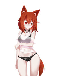 Rule 34 | 1girl, absurdres, animal ear fluff, animal ears, arknights, bare shoulders, bikini, black bikini, blush, breasts, chinese commentary, cleavage, commentary request, covered navel, cowboy shot, crownslayer (arknights), fox ears, fox tail, gluteal fold, groin, hair between eyes, highres, huizhiyin, medium breasts, nose blush, off-shoulder shirt, off shoulder, red eyes, red hair, see-through, shirt, short hair, short sleeves, simple background, solo, standing, stomach, swimsuit, tail, thighs, white background