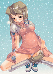 Rule 34 | 1girl, animal ears, blush, boots, brown eyes, brown hair, copyright request, dog ears, dog tail, dress, impossible clothes, impossible shirt, inuburo, knee boots, long hair, panties, pantyshot, pink dress, pink skirt, scarf, shirt, short dress, skirt, snow, snowing, solo, spread legs, squatting, tail, underwear, upskirt, white panties