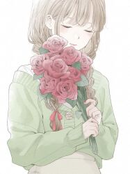 Rule 34 | 1girl, braid, closed eyes, closed mouth, clothing request, commentary, fingernails, flower, green sweater, hair behind ear, hair ribbon, highres, holding, holding flower, leaf, light blush, light brown hair, lips, long sleeves, nail polish, original, pink flower, pink lips, pink nails, pink rose, red flower, red ribbon, red rose, ribbon, rose, shirt, simple background, sweater, twin braids, upper body, white background, white shirt, yuum1709