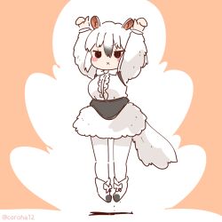 Rule 34 | 1girl, animal ears, arms up, bow, bowtie, coroha, extra ears, full body, jumping, kemono friends, looking at viewer, pantyhose, pink background, shoes, short hair, simple background, skirt, solo, southern tamandua (kemono friends), sweater, tail, tamandua ears, tamandua tail, white hair