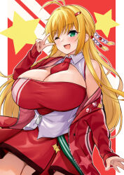 Rule 34 | 1girl, antenna hair, blonde hair, blush, breasts, cleavage, green eyes, hair ornament, hairclip, highres, huge breasts, jacket, long hair, long sleeves, necktie, one eye closed, open clothes, open jacket, open mouth, red jacket, red necktie, smile, solo, star (symbol), star print, tenneko yuuri, tsurumaki maki, v, voiceroid