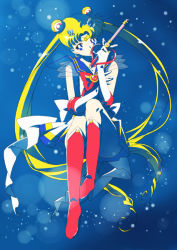 Rule 34 | 1990s (style), 1girl, anime coloring, bad id, bad pixiv id, bishoujo senshi sailor moon, blonde hair, blue sailor collar, boots, bow, brooch, ciel62, elbow gloves, full body, gloves, hair ornament, hairclip, heart, heart brooch, high contrast, jewelry, kaleidomoon scope, long hair, multicolored clothes, multicolored skirt, official style, red bow, red footwear, retro artstyle, sailor collar, sailor moon, skirt, solo, super sailor moon, tsukino usagi, twintails, very long hair, wand, white gloves