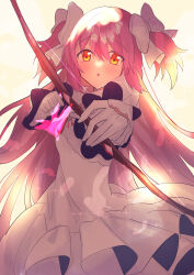Rule 34 | 1girl, aiming, aiming at viewer, arrow (projectile), blush, bow, bow (weapon), commentary request, dress, facing viewer, feathers, gloves, hair bow, highres, kaname madoka, long hair, mahou shoujo madoka magica, mahou shoujo madoka magica (anime), open mouth, pink hair, short sleeves, solo, sparkle, suna (hanahanaamika), two side up, ultimate madoka, upper body, weapon, white bow, white dress, white feathers, white gloves, wide sleeves, yellow eyes