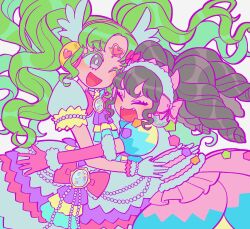 Rule 34 | 2girls, ascot, black hair, blush, bow, closed eyes, colored eyelashes, commentary request, dress, drill hair, elbow gloves, falulu, fangs, forehead jewel, frilled skirt, frills, gaaruru (pripara), gloves, green hair, grey eyes, hair bow, headphones, highres, hug, idol clothes, korean commentary, lau (laustar30), layered skirt, long hair, looking at another, multiple girls, one eye closed, open mouth, parted bangs, pink bow, pink dress, pink gloves, pretty series, pripara, puffy short sleeves, puffy sleeves, short sleeves, sidelocks, skirt, smile, twin drills, twintails, white dress, white gloves, wing hair ornament
