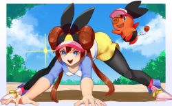 Rule 34 | 1girl, :d, black pantyhose, blue eyes, blush, brown hair, cloud, commentary request, creatures (company), day, double bun, game freak, gen 5 pokemon, hair bun, highres, katwo, legs apart, long hair, nintendo, open mouth, outdoors, pantyhose, pantyhose under shorts, pokemon, pokemon (creature), pokemon bw2, raglan sleeves, rosa (pokemon), shirt, shoes, shorts, sky, sleeves past elbows, smile, sneakers, teeth, tepig, tongue, twintails, visor cap, yellow shorts