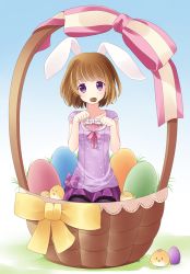 Rule 34 | 1girl, :3, animal ears, bad deviantart id, bad id, basket, bird, black pantyhose, blouse, bow, brown hair, chick, cookie, easter, easter egg, egg, food, hitsukuya, in container, mouth hold, original, oversized object, pantyhose, paw pose, purple eyes, purple shirt, purple skirt, rabbit ears, ribbon, seiza, shirt, short hair, short sleeves, sitting, skirt, solo