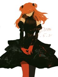 1girl bare_shoulders black_dress chinese_commentary closed_eyes commentary dated detached_sleeves dress gloves hair_between_eyes hair_tie head_down highres long_hair neon_genesis_evangelion nmpzm orange_hair pantyhose red_gloves red_pantyhose signature simple_background solo souryuu_asuka_langley standing twintails