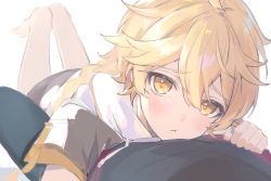 Rule 34 | 2boys, aether (genshin impact), ahoge, barefoot, blonde hair, blush, braid, closed mouth, genshin impact, gumilkx, hair between eyes, highres, long hair, looking at viewer, lying on person, male focus, multiple boys, pants, shirt, short sleeves, simple background, single braid, solo focus, thoma (genshin impact), white background, yaoi, yellow eyes