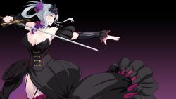 Rule 34 | 1girl, armpits, bare shoulders, black dress, blush, breasts, cleavage, dress, edwalda the black princess, fighting stance, flower, game cg, garter straps, hair flower, hair ornament, holding, holding sword, holding weapon, huge breasts, legs, long hair, looking away, mole, ponytail, sagara riri, scarf, simple background, smile, solo, standing, sword, thighhighs, thighs, tokeidai no jeanne: jeanne &agrave; la tour d&#039;horloge, weapon, white hair, yellow eyes