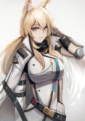 Rule 34 | 1girl, animal ear fluff, animal ears, arknights, belt, black belt, blonde hair, breasts, cape, commentary, dress, elbow gloves, elbow pads, gloves, grey background, grin, hand in own hair, hand up, highres, krirk, long hair, looking at viewer, medium breasts, nearl (arknights), nearl the radiant knight (arknights), official alternate costume, simple background, smile, solo, upper body, white cape, white dress, white gloves, yellow eyes