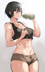 Rule 34 | 1girl, abs, absurdres, black eyes, black hair, black tank top, breasts, commentary, cowboy shot, facial scar, female focus, gradient background, highres, holding, looking at viewer, medium breasts, midriff, mikasa ackerman, monochrome, muscular, muscular female, navel, open mouth, scar, scar on cheek, scar on face, shingeki no kyojin, short hair, short shorts, shorts, solo, suurin (ksyaro), sweat, tank top, toned
