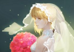 Rule 34 | 10s, 1girl, blonde hair, bouquet, bridal veil, commentary, dress, fate/extra, fate/extra ccc, fate (series), flower, from side, green background, green eyes, highres, light smile, lips, looking at viewer, nero claudius (bride) (fate), nero claudius (fate), nero claudius (fate) (all), parted lips, qmo (chalsoma), red flower, red rose, rose, short hair, smile, solo, upper body, veil, wedding dress, white dress