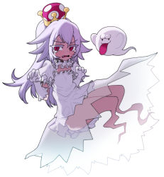 Rule 34 | 1girl, blush, boo (mario), child, crown, dress, fang, flat chest, ghost, ghost tail, gloves, half-closed eyes, highres, light purple hair, long hair, luigi&#039;s mansion, mario (series), nintendo, open mouth, personification, princess king boo, puffy sleeves, red eyes, sad, sb lama, see-through, simple background, solo, super crown, tears, tongue, tongue out, white background