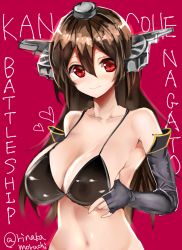 Rule 34 | 10s, 1girl, alternate costume, bad id, bad nicoseiga id, bare shoulders, bikini, black bikini, black gloves, breasts squeezed together, breasts, brown skirt, character name, cleavage, collarbone, copyright name, elbow gloves, fingerless gloves, gloves, hair between eyes, headgear, kantai collection, large breasts, long hair, looking at viewer, moruchi (rinaka moruchi), nagato (kancolle), navel, red eyes, skirt, solo, swimsuit, twitter username, upper body