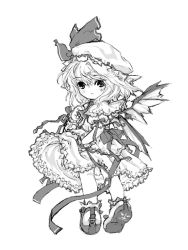 Rule 34 | 1girl, bat wings, bonnet, bow, dress, female focus, flowergarden, frills, full body, greyscale, hat, hat ribbon, looking at viewer, mob cap, monochrome, remilia scarlet, ribbon, shoes, short hair, simple background, solo, standing, touhou, wings, wrist cuffs
