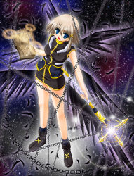 Rule 34 | 00s, 1girl, black wings, blonde hair, blue eyes, book, chain, feathers, hair ornament, lyrical nanoha, mahou shoujo lyrical nanoha, mahou shoujo lyrical nanoha a&#039;s, schwertkreuz, solo, staff, tome of the night sky, wings, x hair ornament, yagami hayate