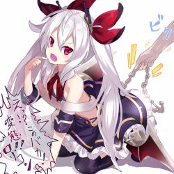 Rule 34 | 1girl, anchor, arm support, azur lane, belt, black dress, black thighhighs, blush, chain, detached sleeves, dress, fangs, finger to mouth, hair between eyes, hair ribbon, holding, kneeling, long hair, low wings, nyori, open mouth, purple eyes, red ribbon, red wings, ribbon, sidelocks, silver hair, solo, solo focus, thighhighs, translation request, twintails, v-shaped eyebrows, vampire (azur lane), very long hair, white background, white belt, wings