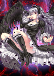 Rule 34 | 1girl, bird wings, black dress, black footwear, black wings, boots, breasts, collarbone, dress, hairband, hand to own mouth, high heels, highres, juliet sleeves, layered dress, lightning, lolita fashion, lolita hairband, long hair, long sleeves, looking at viewer, magic circle, nail polish, petals, pink eyes, puffy sleeves, red nails, rozen maiden, shoes, silver hair, solo, suigintou, toshi (1-147), very long hair, white dress, wings