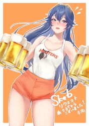 1girl absurdres alcohol alternate_costume bare_shoulders beer beer_mug blue_eyes blue_hair blush brand_name_imitation breasts clothes_writing collarbone cowboy_shot cup drink employee_uniform fire_emblem fire_emblem_awakening flying_sweatdrops foam glass hair_between_eyes highres holding holding_cup holding_drink hooters jibika_(jbk_sb) long_hair looking_at_viewer lucina_(fire_emblem) medium_breasts mug nintendo no_legwear open_mouth orange_background orange_shorts orange_theme shirt shorts sleeveless solo tank_top tiara waitress white_shirt