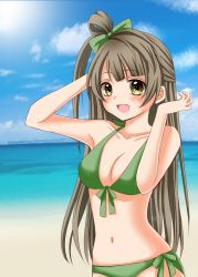 Rule 34 | 10s, 1girl, absurdres, anna61, bad id, bad pixiv id, beach, bikini, blush, breasts, brown eyes, brown hair, cleavage, cloud, day, front-tie top, green bikini, highres, long hair, love live!, love live! school idol project, medium breasts, minami kotori, navel, open mouth, outdoors, side-tie bikini bottom, sky, smile, solo, swimsuit, topknot