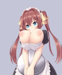 Rule 34 | 1girl, apron, aqua eyes, black dress, bow, breasts, brown hair, cleavage, closed mouth, croodle, dress, frown, grabbing, grey background, hair bow, highres, holding, holding tray, lactation, large breasts, maid, maid apron, maid headdress, nipples, no bra, open mouth, original, puffy sleeves, short sleeves, simple background, solo, teeth, topless, tray, twintails, underboob, upper teeth only, yellow bow