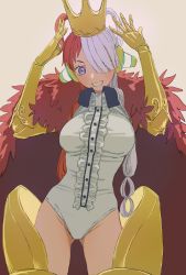 Rule 34 | 1girl, absurdres, armor, asymmetrical hair, breasts, brown background, coat, coat on shoulders, collared leotard, commentary, cowboy shot, crown, fur-trimmed coat, fur trim, gauntlets, gluteal fold, gold armor, grin, groin, hair over one eye, hair rings, headphones, highres, leg armor, leotard, long hair, looking at viewer, medium breasts, multicolored hair, one piece, purple eyes, red coat, red hair, simple background, smile, solo, standing, teeth, thighs, twintails, two-tone hair, urasanmyaku, uta (one piece), white hair, white leotard, wing collar