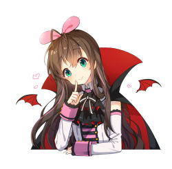 Rule 34 | 1girl, bad id, bad pixiv id, bat wings, black cape, blush, brown hair, cape, closed mouth, collared shirt, commentary request, detached sleeves, detached wings, green eyes, hair between eyes, hair ribbon, halloween, head tilt, heart, high collar, kizuna ai, kizuna ai inc., long hair, long sleeves, mini wings, multicolored cape, multicolored clothes, multicolored hair, pink hair, pink ribbon, red cape, red wings, ribbon, shirt, simple background, sleeveless, sleeveless shirt, sleeves past wrists, smile, solo, streaked hair, tp (kido 94), upper body, virtual youtuber, white background, white shirt, white sleeves, wings