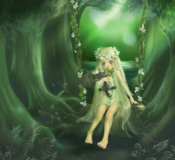 Rule 34 | 1girl, bad id, bad pixiv id, barefoot, blonde hair, blue eyes, blush, rabbit, elf, flower, forest, head wreath, jewelry, long hair, looking at viewer, mogeta (jirotama88), nature, necklace, nightgown, original, pointy ears, sitting, smile, solo, stuffed animal, stuffed toy, swing