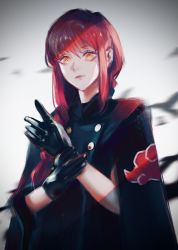 Rule 34 | 1girl, akatsuki uniform, bird, black gloves, braid, braided ponytail, chainsaw man, cloak, coat, crow, expressionless, gloves, highres, kozzz y, long hair, looking at viewer, makima (chainsaw man), naruto (series), putting on gloves, red hair, ringed eyes, sidelocks, simple background, solo, trench coat, white background, yellow eyes