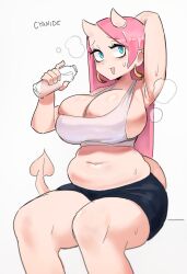 Rule 34 | 1girl, armpits, belly, black shorts, blue eyes, blush, bottle, breasts, bursting breasts, cleavage, demon girl, demon horns, dot nose, drinking, earrings, eyelashes, female focus, highres, holding, holding bottle, horns, jewelry, large breasts, legs, long hair, looking at viewer, navel, open mouth, pink hair, plump, short shorts, shorts, sitting, skindentation, smile, solo, sweat, thick thighs, thighs, vee eks, white background
