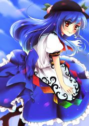 Rule 34 | 1girl, apron, blue hair, boots, cross-laced footwear, day, female focus, food, fruit, hat, highres, himeno yuka, hinanawi tenshi, lace-up boots, long hair, looking at viewer, peach, red eyes, short sleeves, sky, smile, solo, touhou