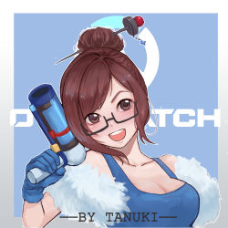 Rule 34 | :d, absurdres, artist name, bad perspective, beads, black-framed eyewear, blue gloves, blue shirt, breasts, brown eyes, brown hair, cleavage, copyright name, glasses, gloves, hair bun, hair ornament, hair stick, highres, holding, holding weapon, large breasts, looking at viewer, mei (overwatch), open mouth, overwatch, overwatch 1, shirt, short hair, single hair bun, smile, solo, tank top, tanuki (675252682), upper body, weapon